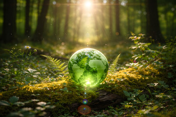 Glowing glass globe rests on mossy log in sunlit forest, symbolizing environmental awareness and nature beauty
