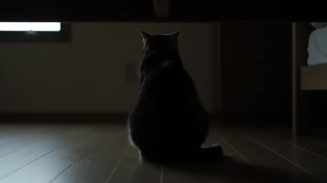 Silhouette of a domestic cat sitting in a dark room, illuminated by soft light from the side, capturing a moment of quiet contemplation