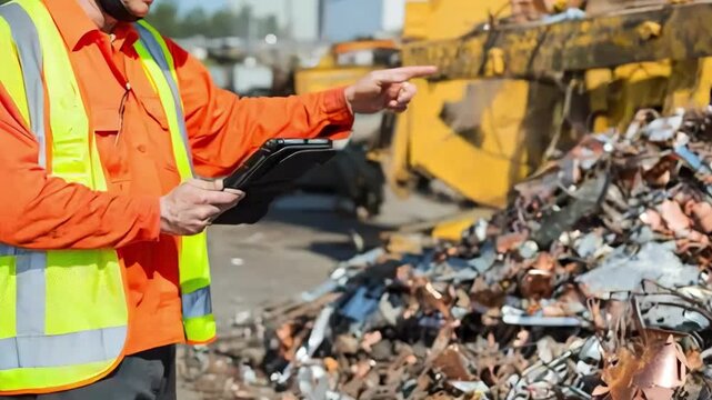Worker logging detailed information about copper scrap types and weights into a digital tablet for accurate value tracking.