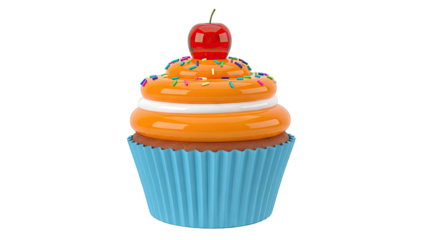 Cupcake with Orange Frosting, Sprinkles, and Cherry