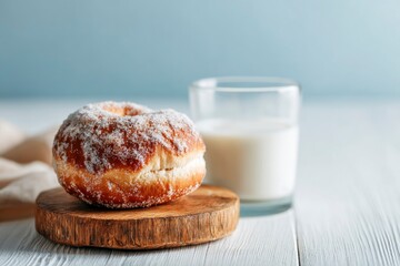 A tempting sugary pastry, golden brown and generously coated with sparkling granulated sugar, rests invitingly on a rustic round wooden coaster. In the softly blurred background, a clear glass of fres