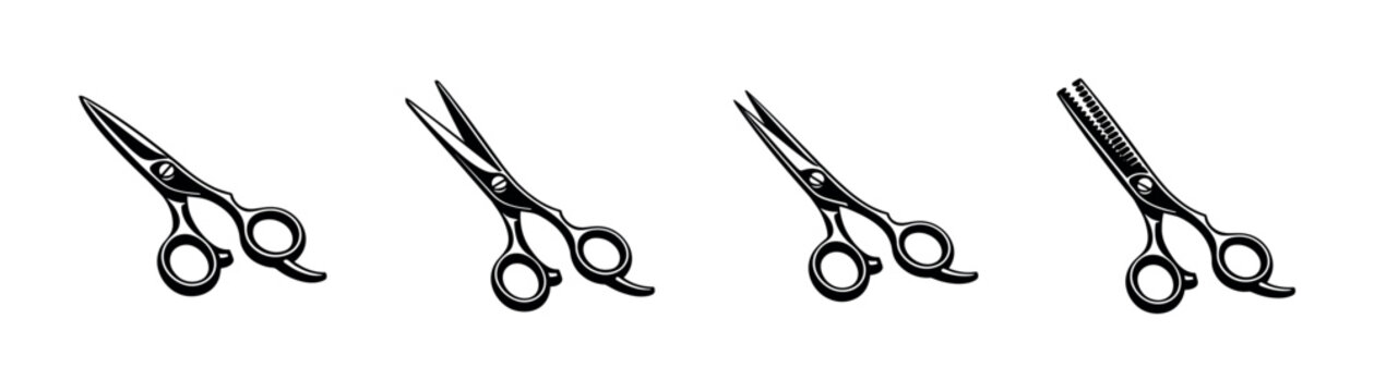 Hair cutting tools vector icons set: scissors, shears, salon equipment