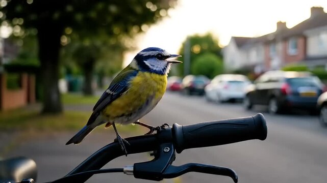A charming blue tit bird perches on a bicycle handlebar, singing against the soft, golden light of a quiet suburban street at dusk. A peaceful scene of urban wildlife