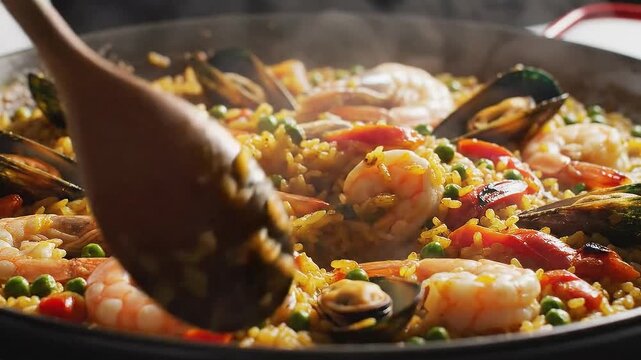 Seafood Paella Detail in Frying Pan Mixing with Wooden Spoon Close-Up Cooked Rice Dish with Shrimp Mussels and Peas