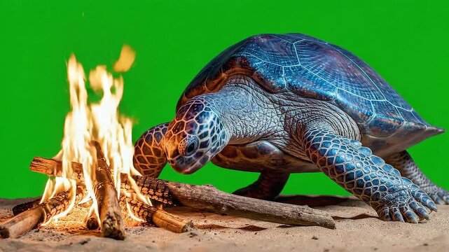 Sea Turtle Near Campfire on Green Screen Background Chelonioidea Reptile Creature with Wood Fire Isolated for Compositing Keying
