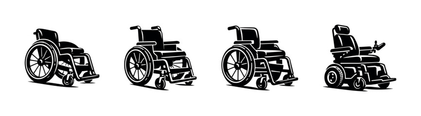 Fototapeta premium Wheelchair vector icons set: mobility aids, medical equipment illustrations