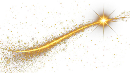 Transparent glowing golden star with magic sparkle trail and glittering particles on white background. Christmas comet or falling star light effect for festive holiday design and celebration