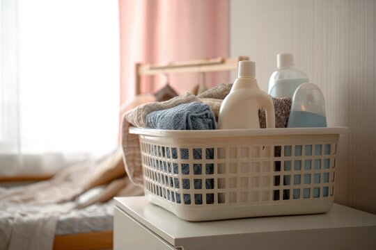 A close-up shot of a light-colored laundry basket filled with neatly folded, soft textiles and a couple of generic bottles of household cleaning products, likely detergent and fabric softener. The sce