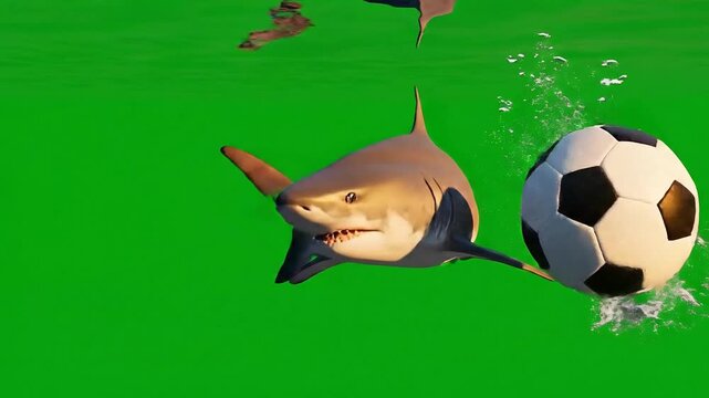 Shark Headbutting Soccer Ball Underwater on Green Screen Realistic Predator Marine Wildlife Interaction Aquatic Sport Footage for