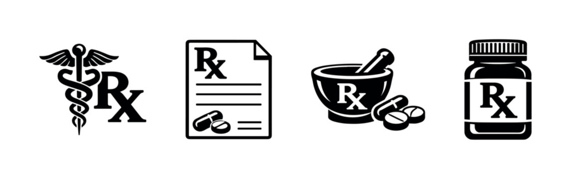 Pharmacy and rx symbols vector icons set: medicine, healthcare, prescription graphics
