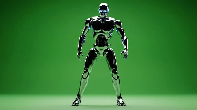 Shiny Metallic Robot Walks on Green Screen Background with Subtle Studio Lighting Effect Highlighting Chrome Body and Joint