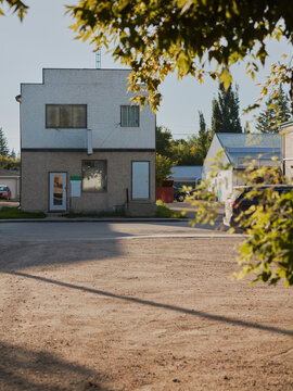 Small town two-story building with flat roof