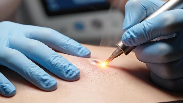 Skin Mole Removal Procedure Close-Up View with Doctor's Hands in Blue Gloves Using Electric Cauterization Device on Patient's
