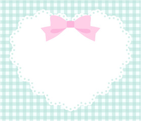 リボンがついたかわいいハートのレースフレームのベクターイラスト。ギンガムチェック	