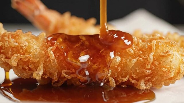Slow Motion Pouring Savory Teriyaki Sauce Over Crispy Fried Shrimp Tempura Ebi Fry on White Plate with Dark Background