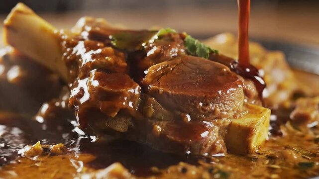 Slow motion pouring rich brown gravy sauce over tender braised lamb shank curry or Nihari with bone marrow, garnished with