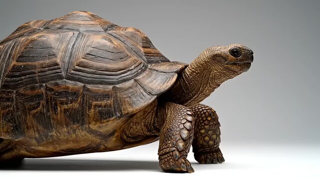 An ancient tortoise with a textured shell and weathered skin walks slowly forward, captured in a detailed studio portrait on a simple background