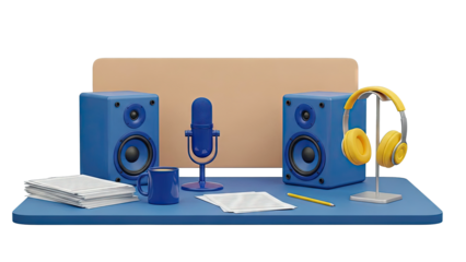 Podcast Studio Setup with Blue Speakers, Microphone, and Yellow Headphones