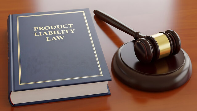 Product Liability Law book with wooden gavel on desk for legal consumer protection defective merchandise litigation and manufacturer responsibility accountability regulation