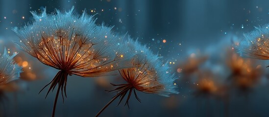 Close-up of glowing dandelion-like plants with floating sparkles