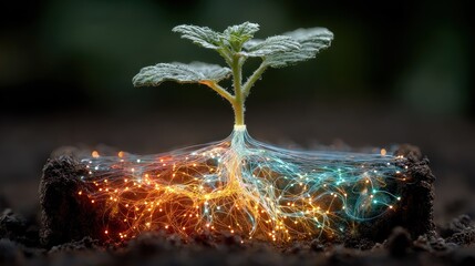 A growing plant with illuminated roots in soil, blurred background