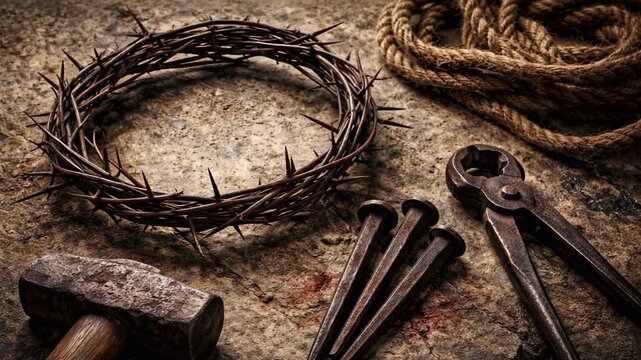 Symbols of Passion of Jesus Christ: Crown of Thorns, Nails, Hammer and Pliers on Stone Background with Blood Drops.