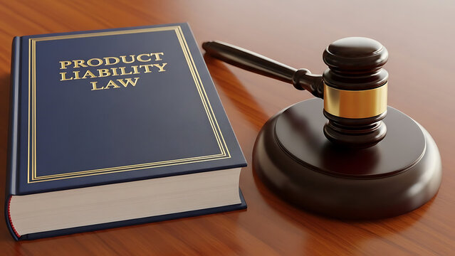 Product Liability Law book with wooden gavel on desk for legal consumer protection defective merchandise litigation and manufacturer responsibility accountability regulation