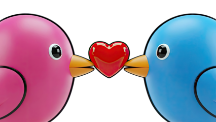 Two cartoon birds sharing a heart
