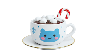 Cute Cat Hot Chocolate Mug with Marshmallows and Candy Cane
