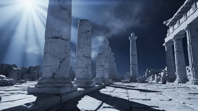 Ancient Greek Ruins with Columns at Night representing Stoic Philosophy