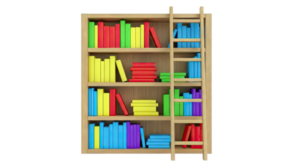 Wooden Bookshelf with Colorful Books and Ladder