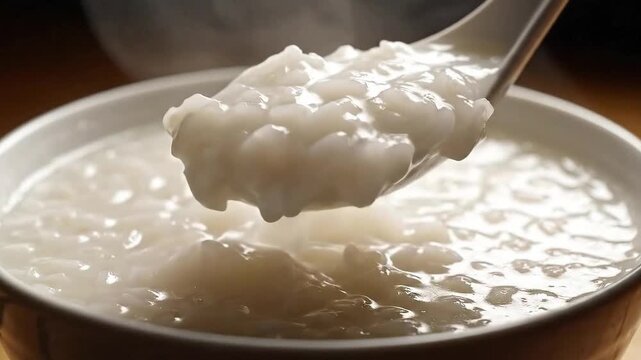 Steaming White Rice Porridge Congee or Bubur Scooped with Spoon in White Bowl with Soft Lighting and Warm Background