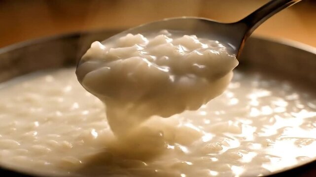 Steaming White Rice Porridge or Congee Being Lifted by Metal Spoon from Bowl with Viscous Texture and Hot Steam Rising for