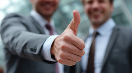Successful business partnership with positive gesture of approval, showcasing confidence and teamwork in professional setting