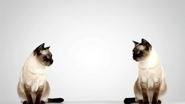 Two Siamese cats sitting and looking at each other with a neutral background, perfect for pet-related content and social media