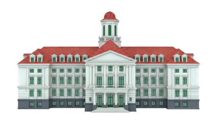 Neoclassical Building with Red Roof and Tower