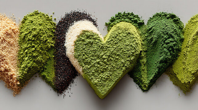 Five heart-shaped objects made of colorful powdered spices or herbs.