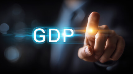 Business concept image man touching button with GDP displayed, representing economic growth and financial analysis