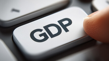 Business concept image man touching button related to economic growth and financial metrics, emphasizing importance of GDP