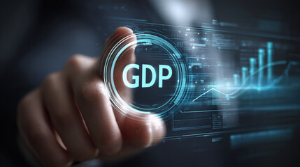 Business concept image man touching button GDP data analysis technology