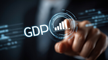 Business concept image man touching button with GDP growth indicator, showcasing financial progress and innovation