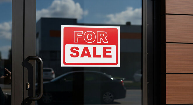 Red and white 'For Sale' sign on glass door of a commercial building