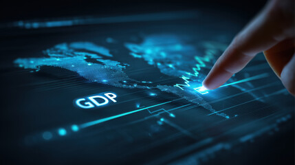 Business concept image showing man touching digital button on world map, representing economic growth and data analysis