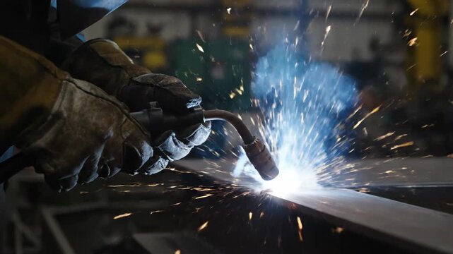 Welder using metal inert gas process creating bright sparks in workshop