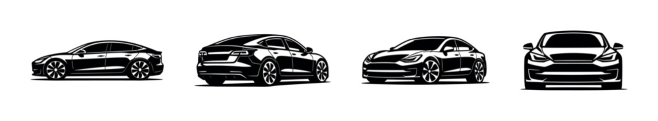 Obraz premium Electric car vector icons set in monochrome style - silhouette collection