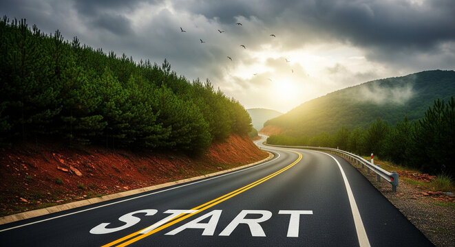Winding asphalt road with the word START painted on it, leading towards the sun