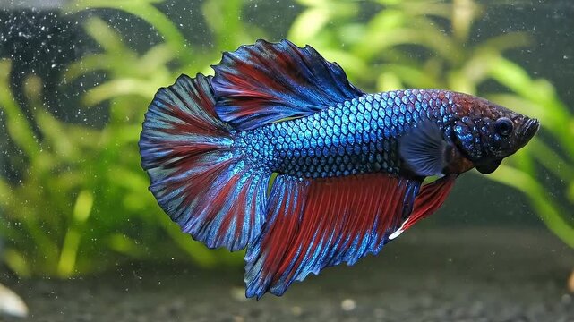 Vibrant blue and red betta fish swimming gracefully in a clear aquarium habitat
