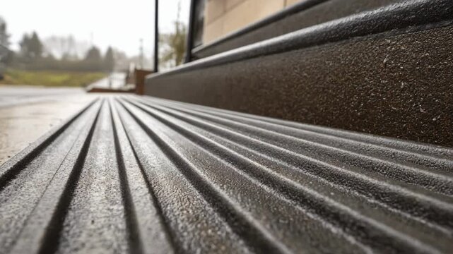 Medium shot of ribbed antislip surface on outdoor stairs showing parallel grooves designed to prevent slipping in wet conditions.