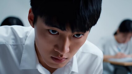 Close Up of Asian Student Face with Ticking Clock representing Exam Stress