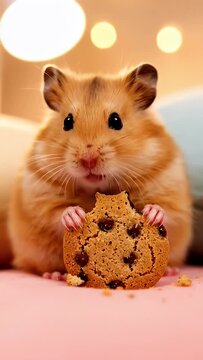 Cute Chubby Hamster Eating a Chocolate Chip Cookie Adorable Pet Portrait